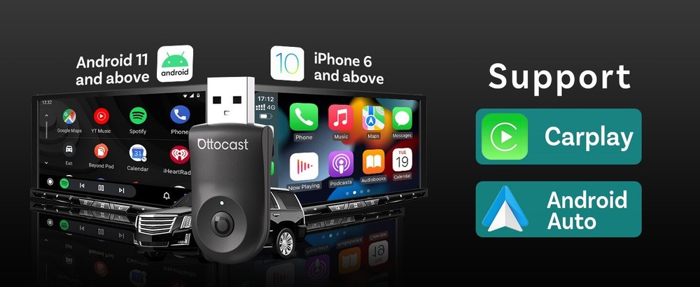 Ottocast Mini Wireless CarPlay+Android Auto Adapter w/Smart One-Click Button *US