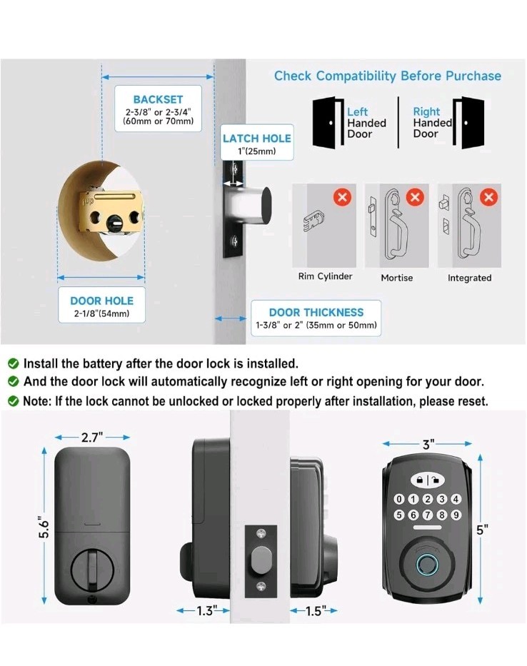Physen Fingerprint Door Lock Keyless Entry Electronic Keypad Black