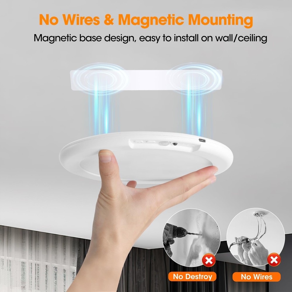 Rechargeable Motion Ceiling Light with Remote - Magnetic Wireless Ceiling Lig...