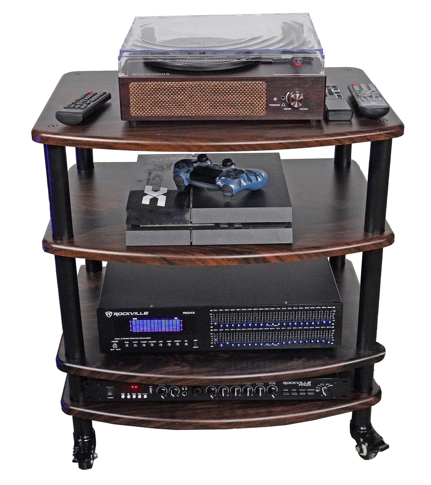 Rockville FLX Dark Wood Adjustable Height 4 Shelf Home Theater Audio Rack Stand