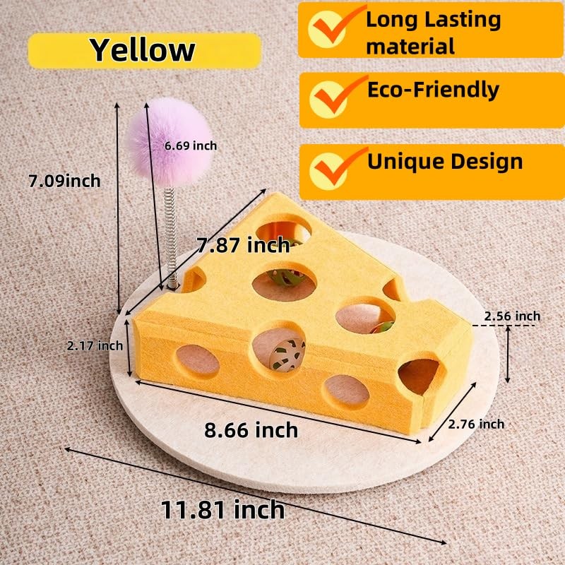 JoyFurEver Cat Ball Toy, Interactive Cheese Design, Yellow