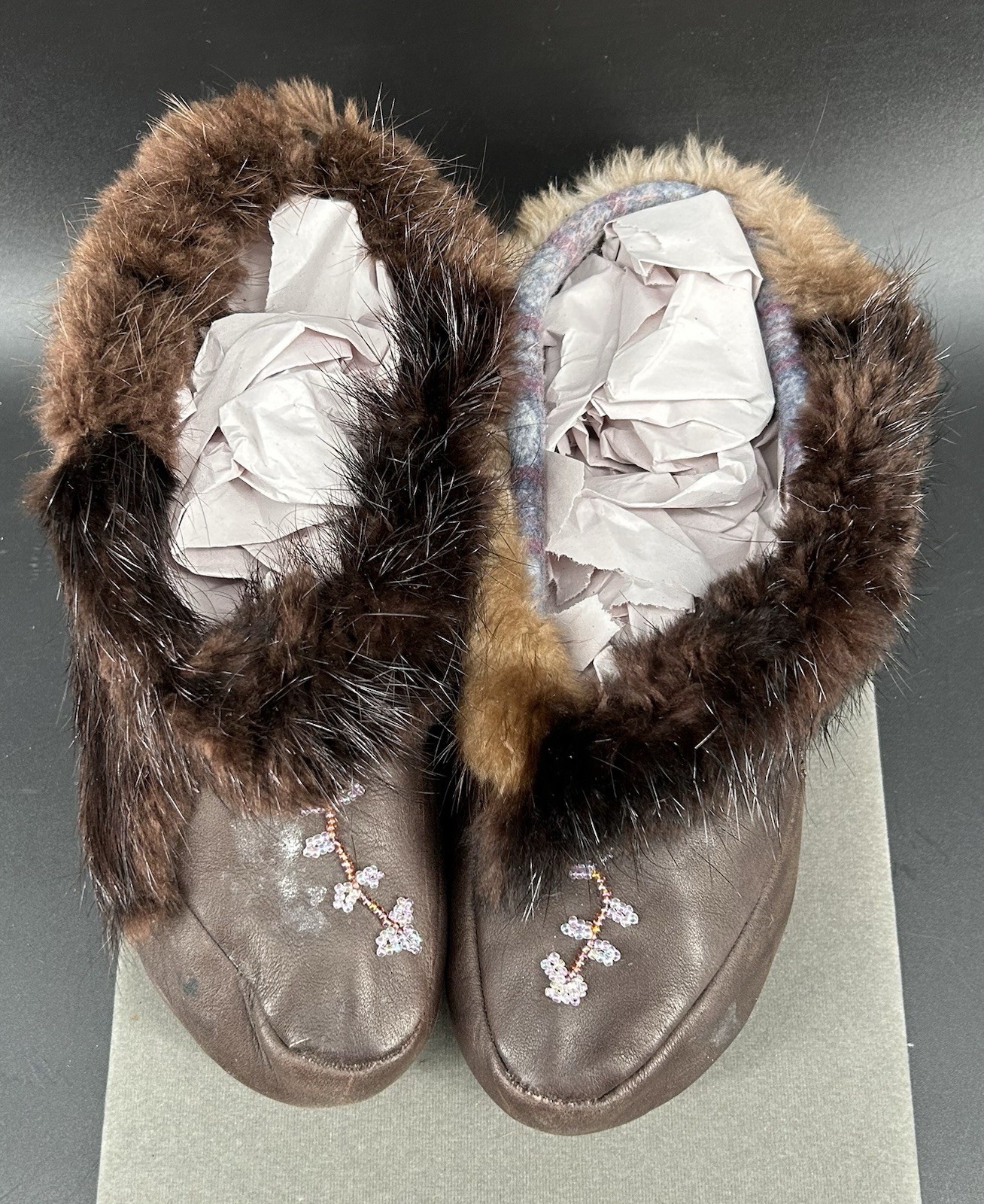 Chinook Leather Beaded Moccasins Vintage Beaded Design with Fur Accents