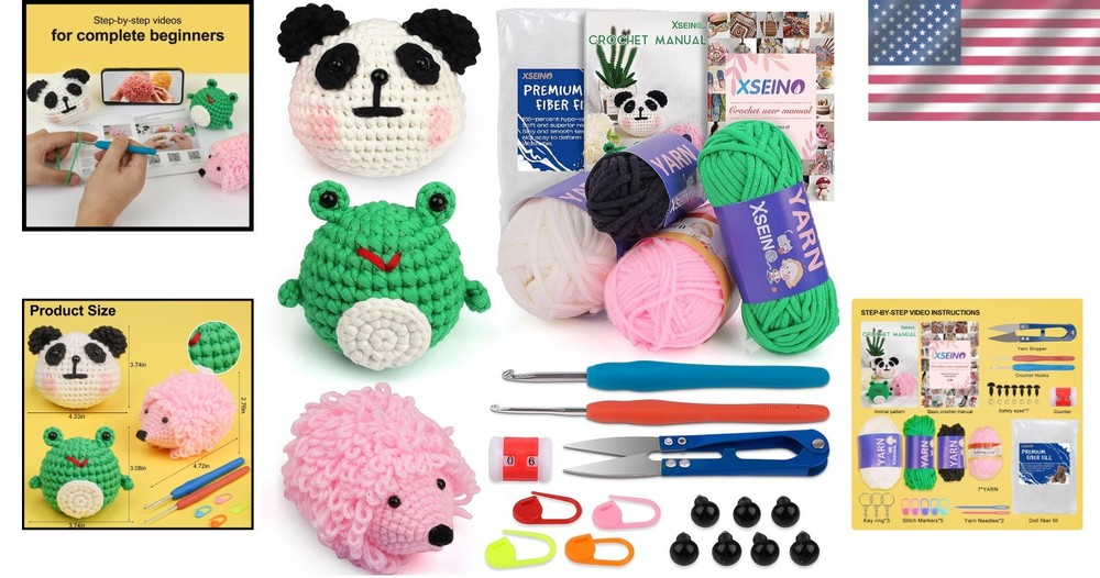 Beginner Crochet Kit With Step-by-Step Video Tutorials - Create Panda, Frog &...