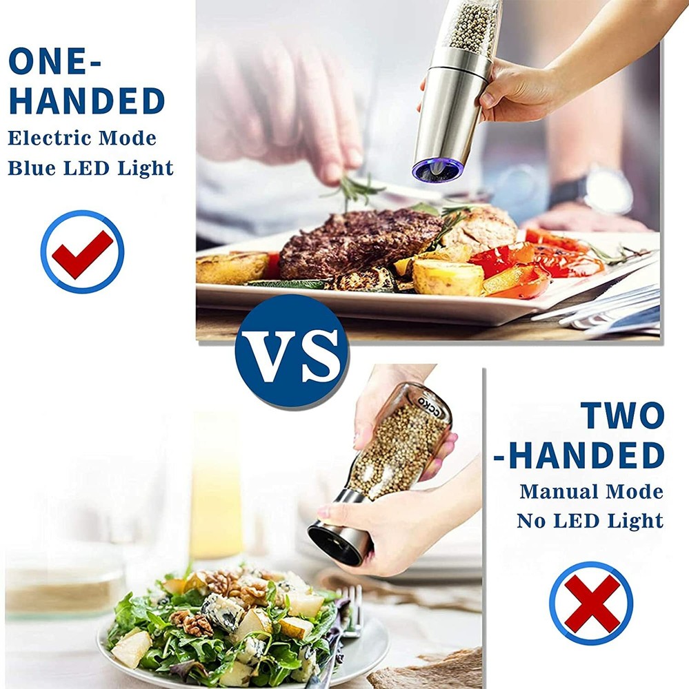 2PCS Electric Battery Salt Pepper Grinder Adjustable Shakers Automatic Stainless
