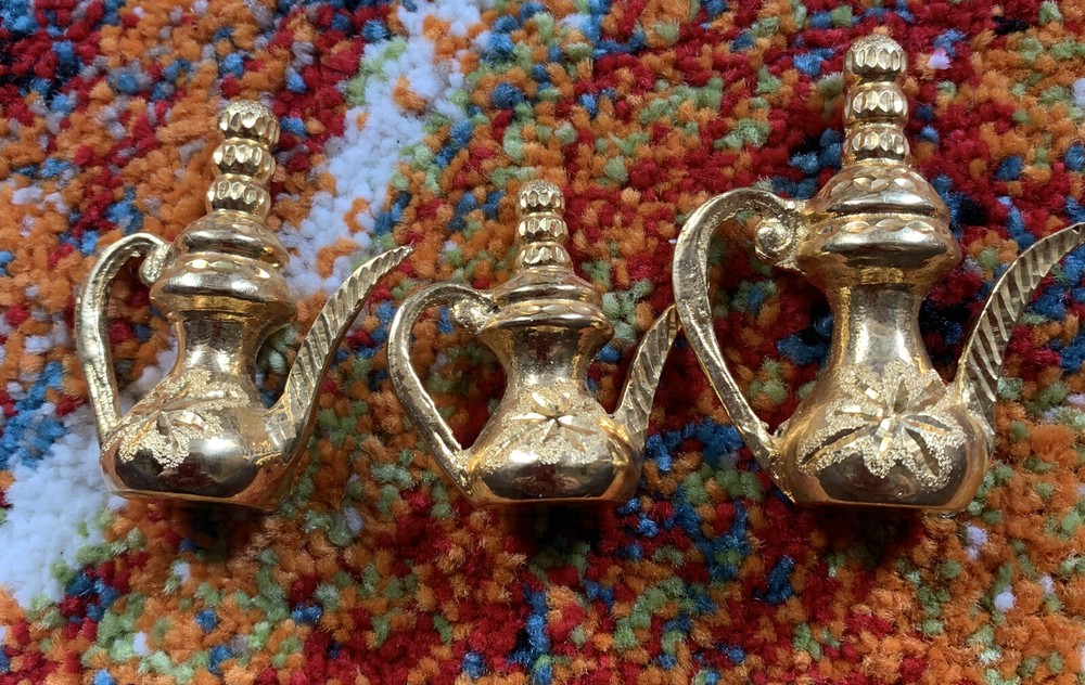 Antique Mini Brass Dalah Set 3 pitchers different sizes & decorative tray