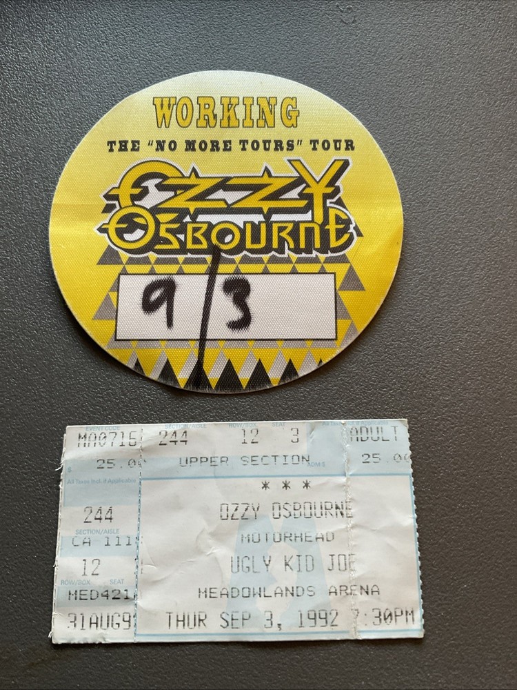 OZZY OSBOURNE *BACKSTAGE  PASS +TICKET STUB*motorhead 9/3/92