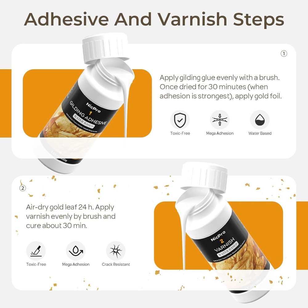 Eco-Friendly Gold Leaf Adhesive Kit with 100 Sheets & Easy Application Tools