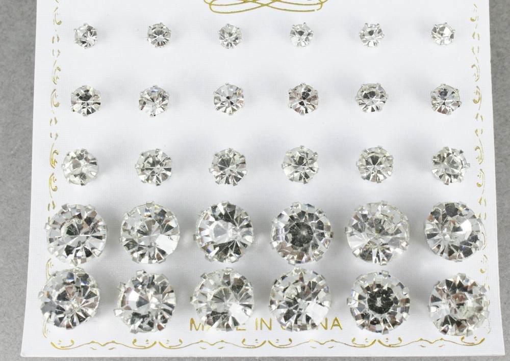 Set 15 pair Silver Clear post earrings graduated sizes 4mm 5mm 6mm 10mm stud