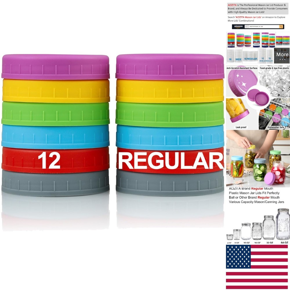12 Pack Plastic Mason Jar Lids - Multicolor & Dishwasher Safe for Kitchen Use