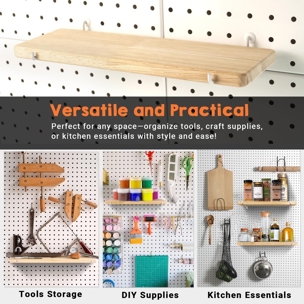 Solid Wood Pegboard Shelf, Pegboard Shelves with Pegboard Hooks, Pegboard Acc...