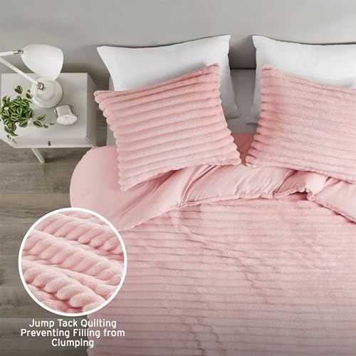 Queen Comforter Set, Cozy Plush Bedding, Microfiber Reverse, 3 Full/Queen Pink