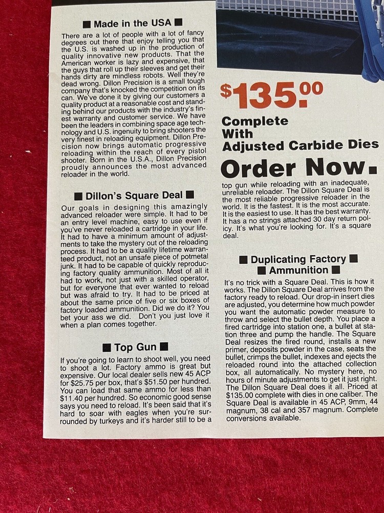 Vintage 1987 Dillon Reloader Print Ad Ammunition Reloading Tools - Ad Only