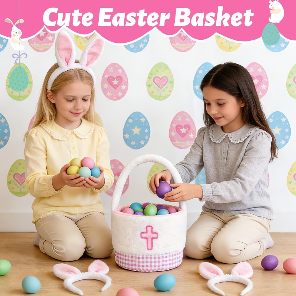 Leokawin Easter Basket - Easter Baskets for Kids,Pink Grid Cross Easter Baske...