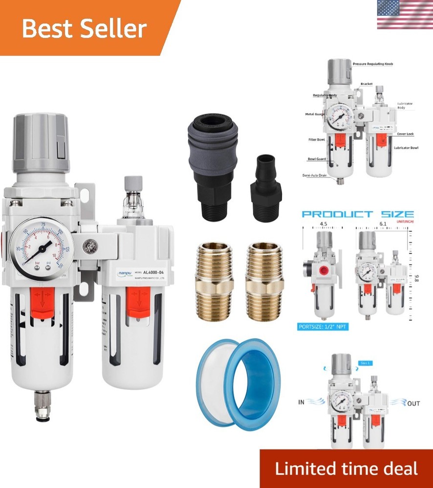 1/2" NPT Compressed Air Filter Regulator Lubricator Combo for Professionals
