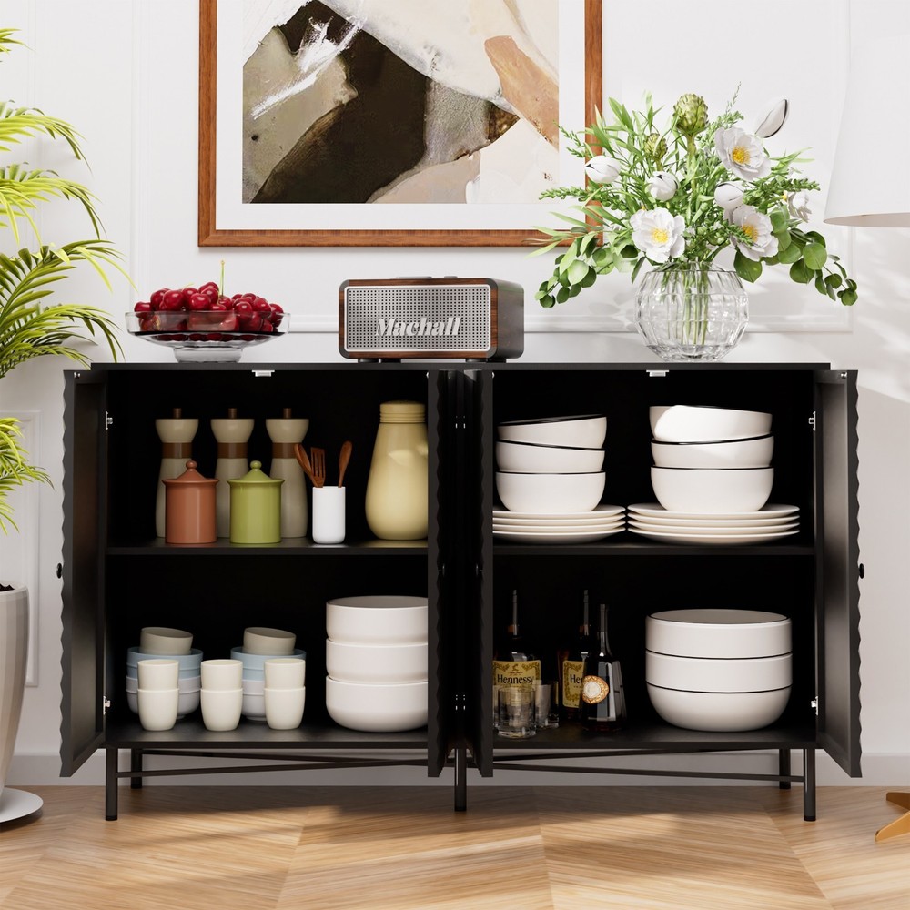 59" Fluted Sideboard Buffet Cabinet w/4 Doors Black Kitchen Storage Sideboard US