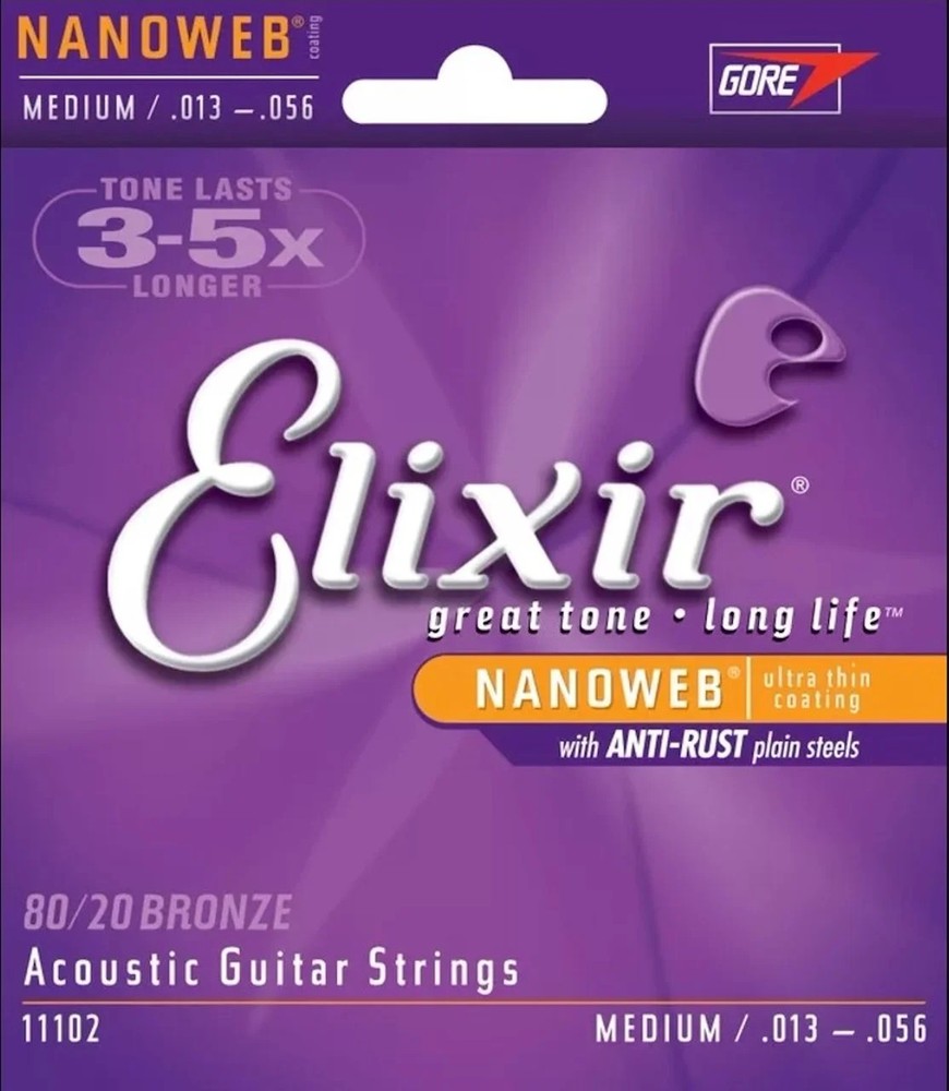 Elixir 11102 80/20 Bronze Acoustic Guitar Strings with NANOWEB. Medium 13-56