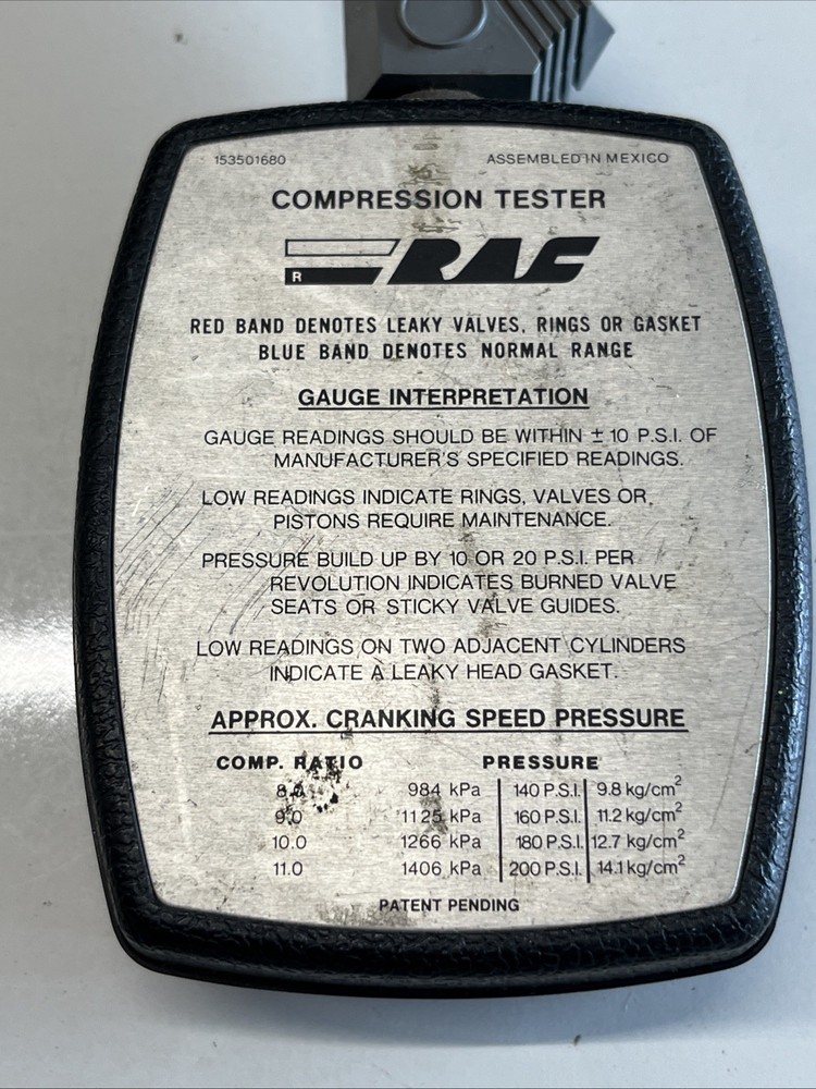 Vintage RAC Engine Compression Tester Gauge PSI Kg/cm² Tool