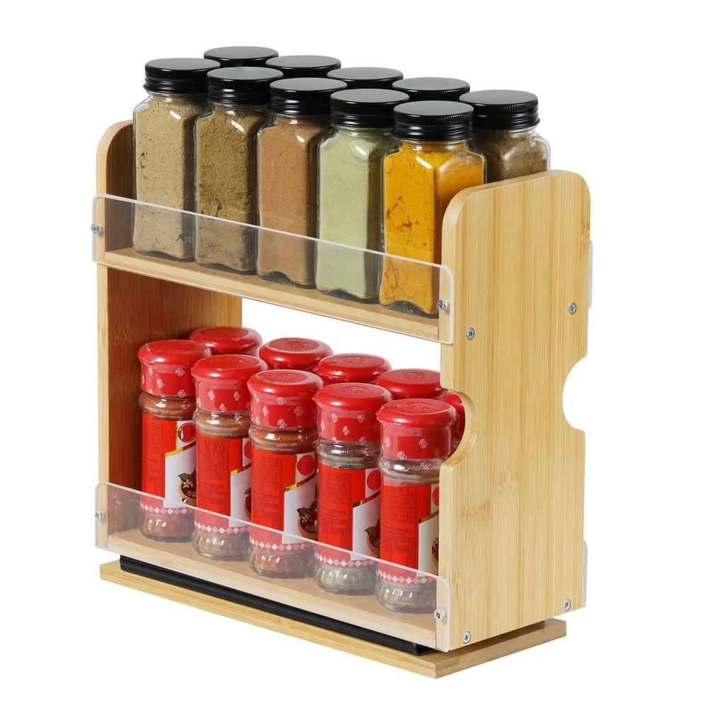 2 Tier Pull Out Spice Rack Organizer, Bamboo Sliding Spice Rack for Kitchen C...