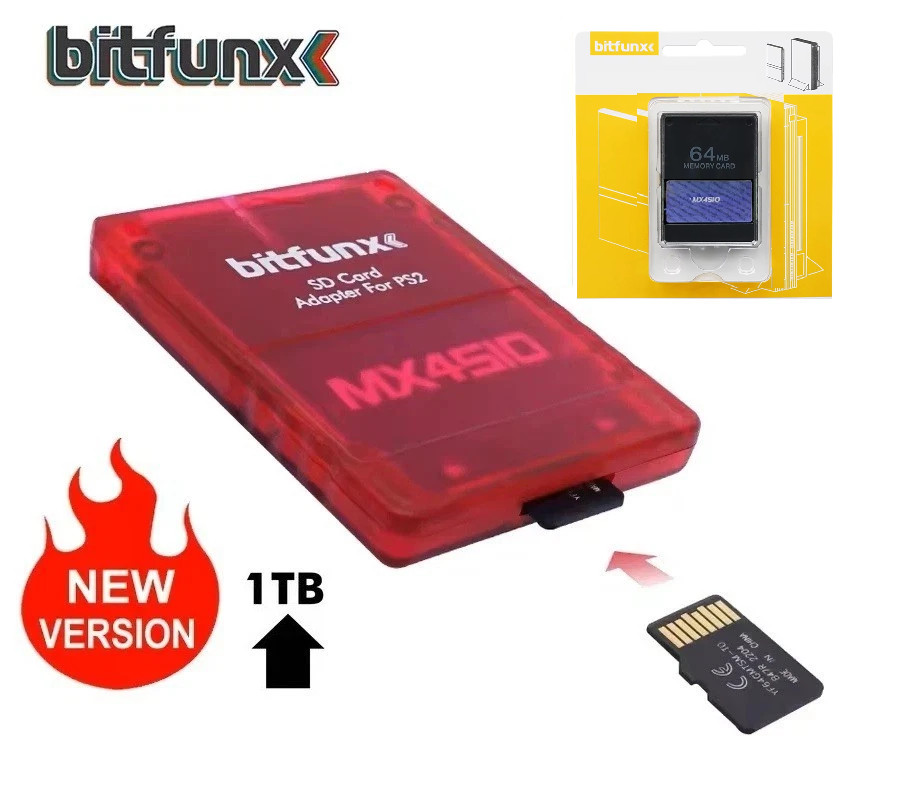 MX4SIO SD/MicroSD Adapter w/Requisite 64MB Memory Card for PS2 Slim | Clear-Red