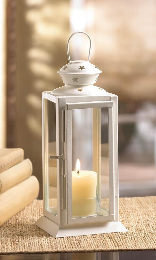 2 STARLIGHT WHITE CANDLE LANTERN - 8" HIGH - IRON & GLASS