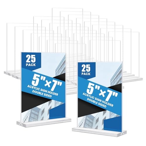 Acrylic Sign Holder 5x7, 25 Pack Clear Double Sided Table Menu Vertical