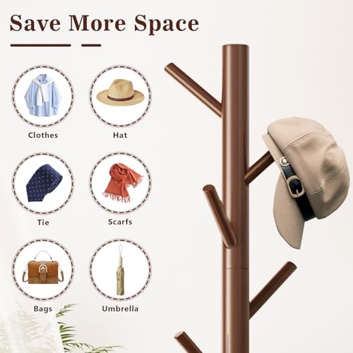 2 Pack Coat Rack, Solid Wood Coat Rack Freestanding with 8 Hooks & 3 Coffee