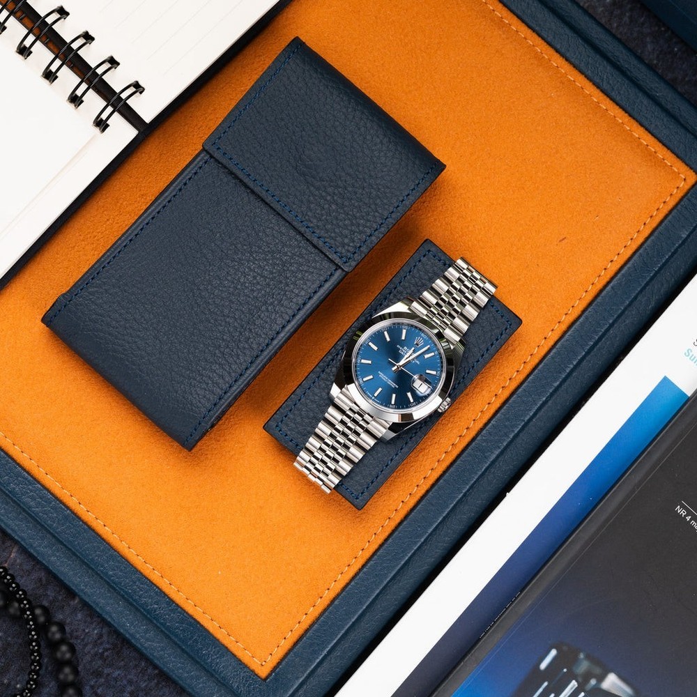 Navy Leather Watch Pouch with Suede Lining