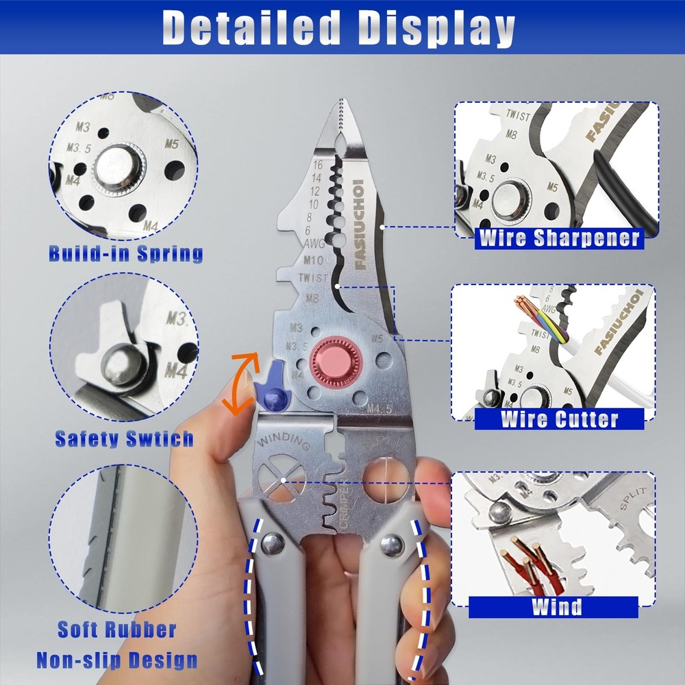 Multi-function Wire Stripper Tool Electrical, 9-in-1 Cutter & Grey