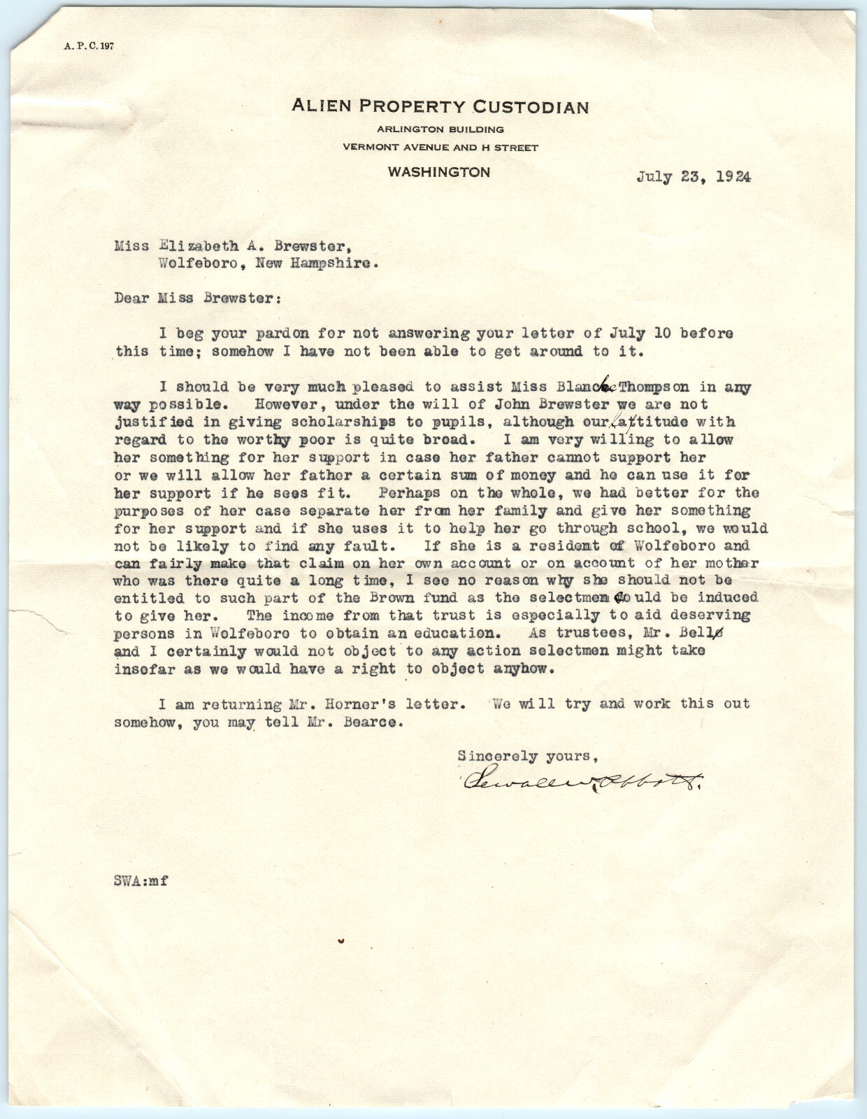 Alien Property Custodian Department Of Justice Letter Red Scare Era