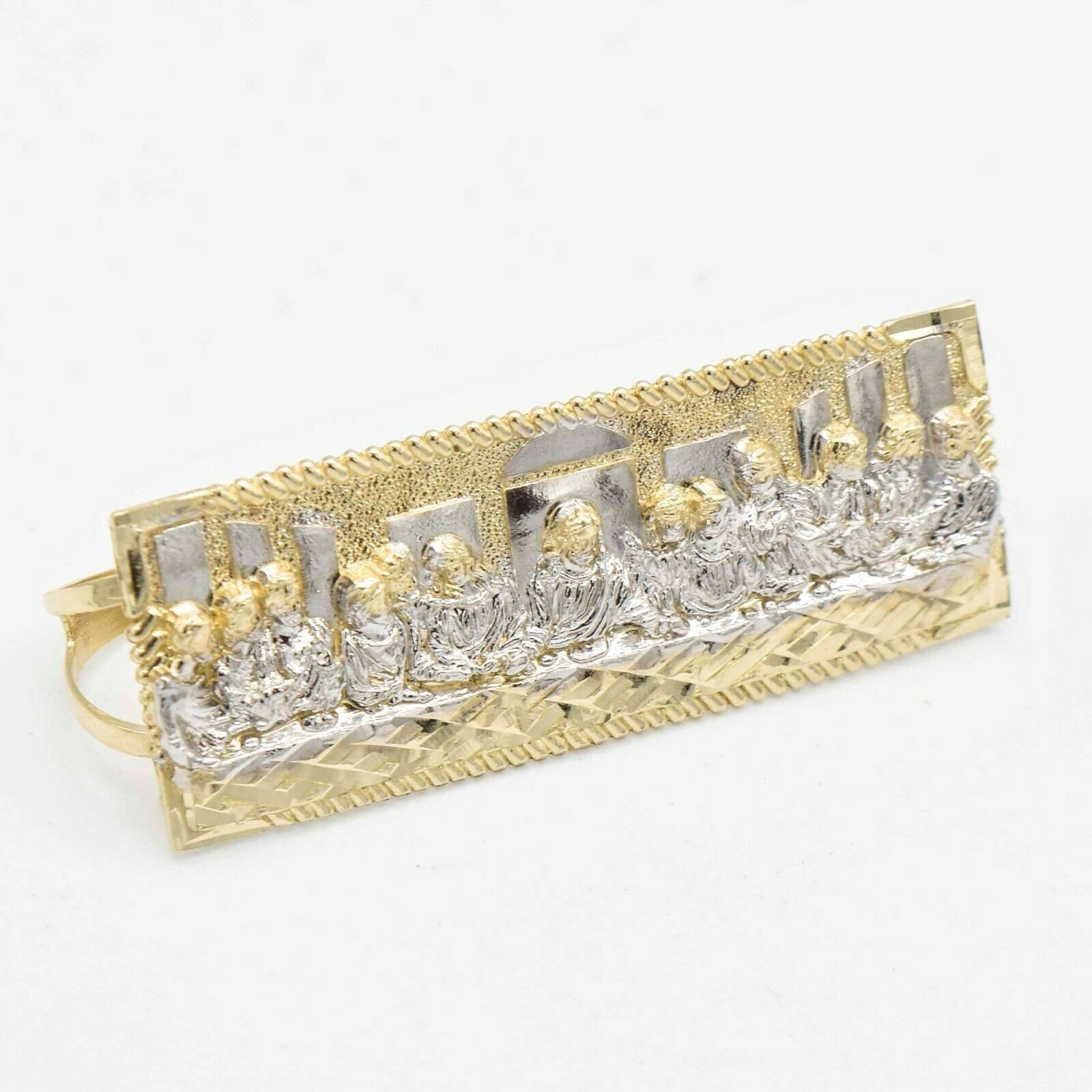 Diamond Cut Last Supper Three Finger Ring Real Solid 10K Yellow White Gold