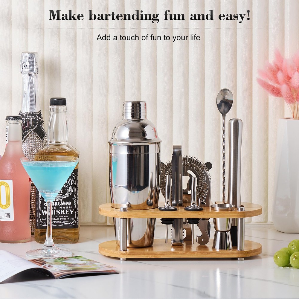 Cocktail Shaker Set Bartender Kit Bar Tool Set with Bamboo Stand Accessories