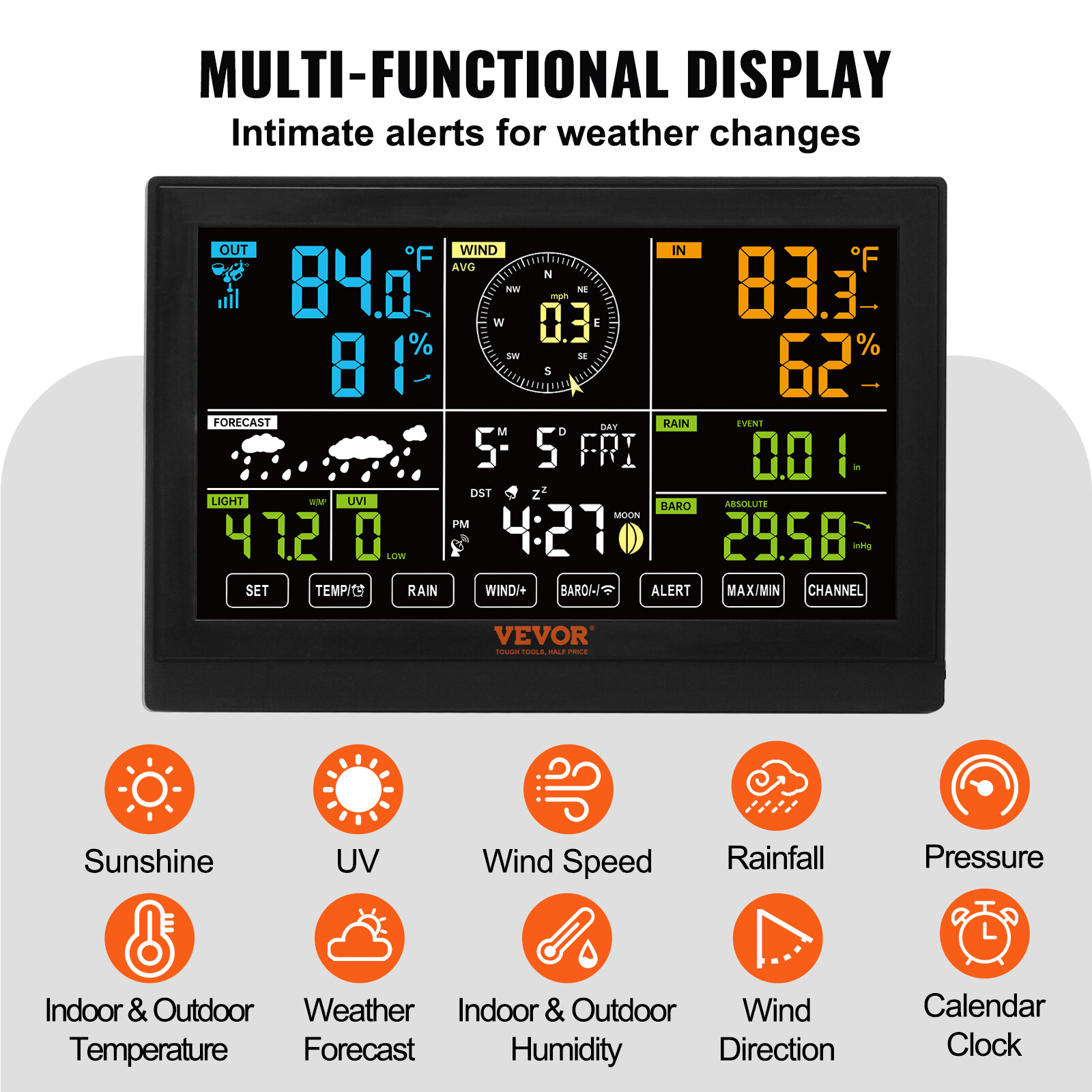 7-in-1 Wireless Weather Station 7.5 in Large Display for Indoor Outdoor