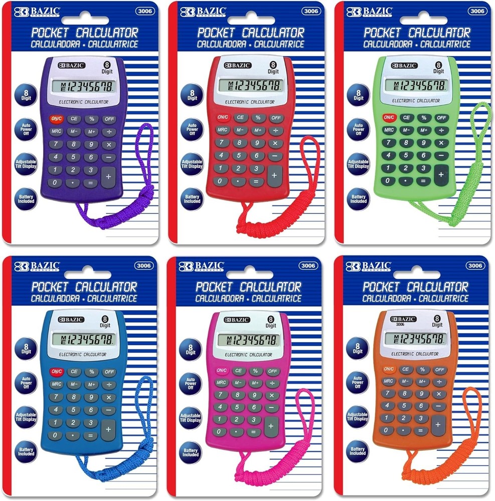 BAZIC Pocket Calculator 8-Digit LCD with Neck String 24-Pack Assorted Colors