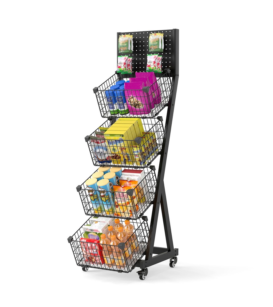 Moveable Supermaket Snack Rack Display Stand Moveable Shelf 4 Tier