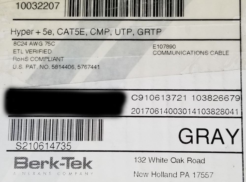 Berk-Tek 24/4P HyperPlus Cat5E Plenum U/UTP Network Cable Gray /100ft