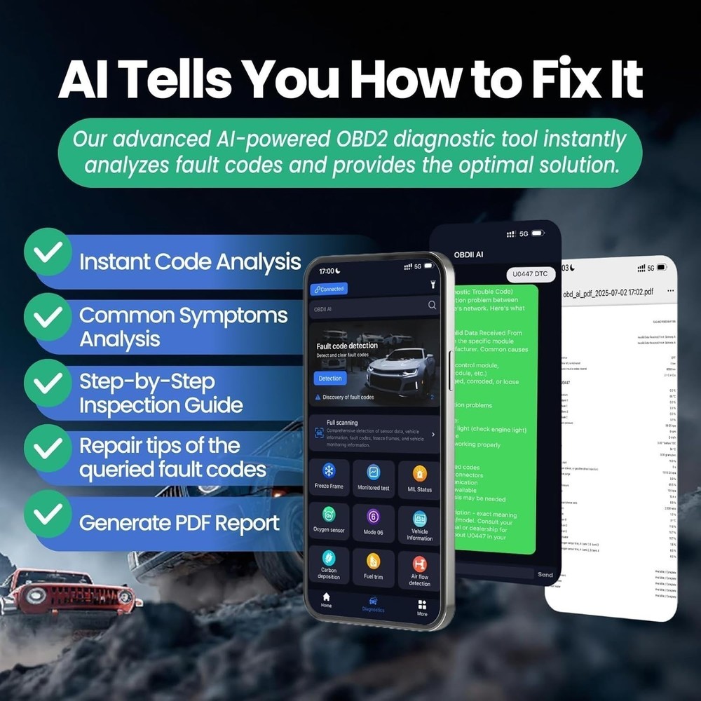 OBD2 Scanner Bluetooth Diagnostic Tool for iOS+Android Car Code Reader W/ AI+APP