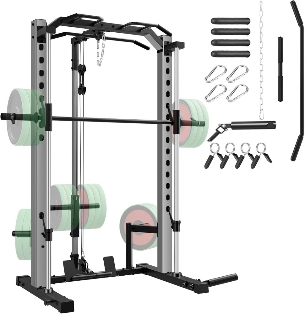 1400 Lbs Power Cage Smith Machine Multi-Function Squat Rack with LAT-Pull Down🔥
