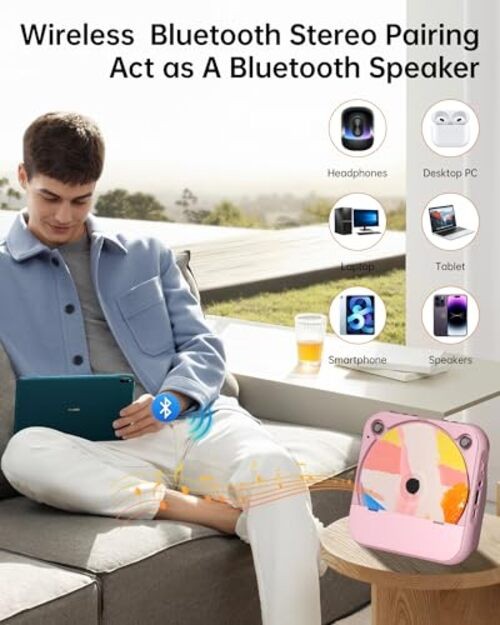 Portable CD Player with Bluetooth, Rechargeable Wireless Mini Desktop for Home