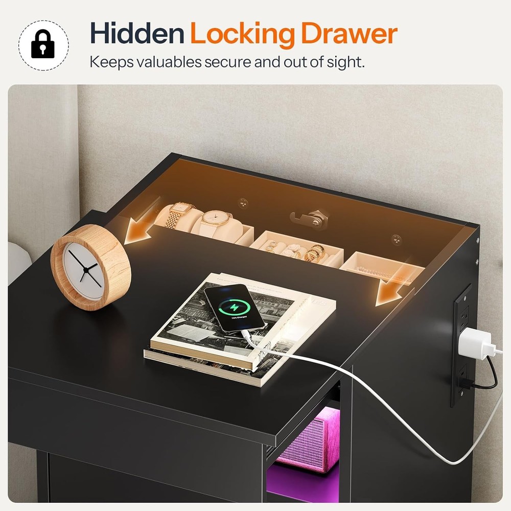 LED Nightstand with Charging Station Black