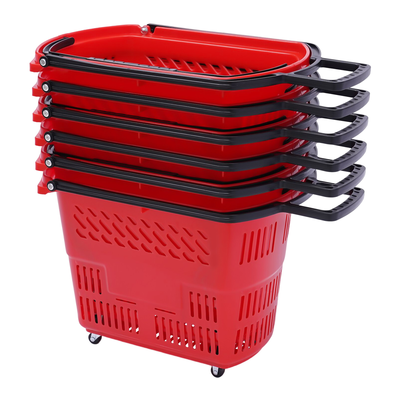 6Pcs Red Rolling Shopping Basket Plastic Rolling Shopping Carts with Handle 35L