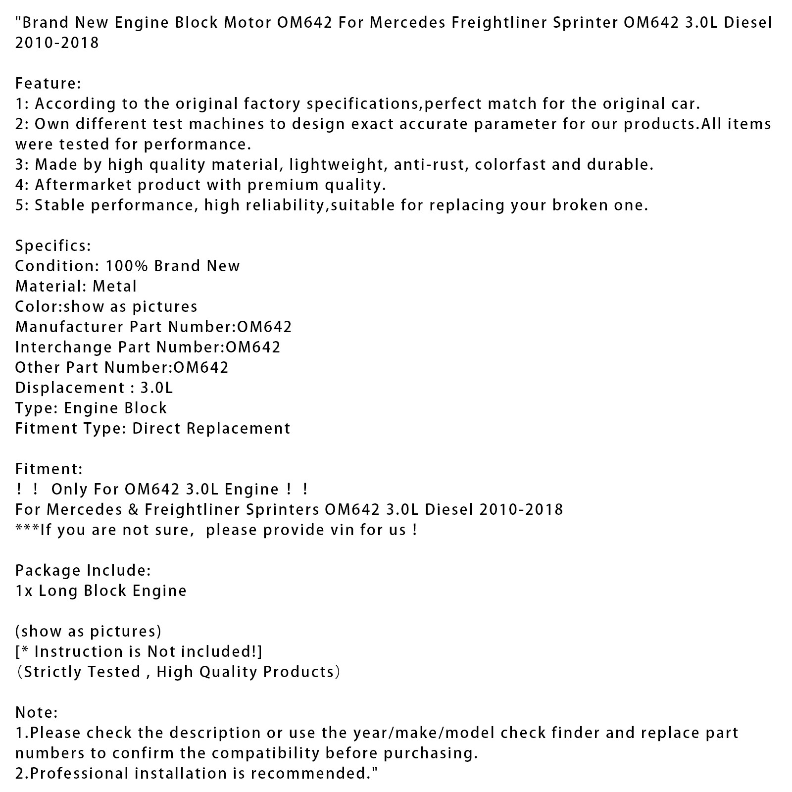 Engine Motor OM642 For Mercedes Freightliner Sprinter OM642 3.0L Diesel 10-2018