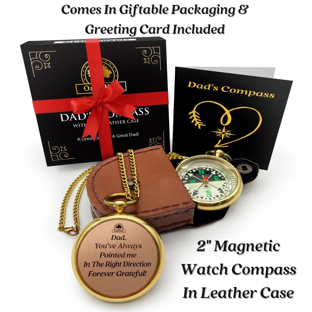 Oaki Way Dad's Compass – Sentimental Pocket Compass with Chain & Leather Case