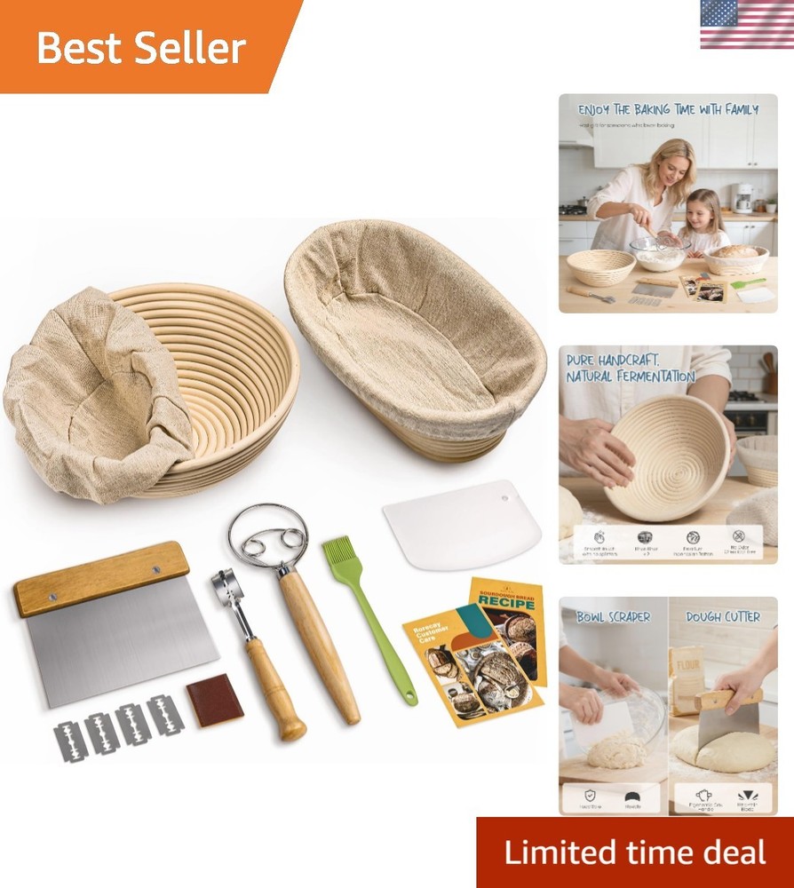 Complete Bread Proofing Set - Round and Oval Rattan Baskets with Essential Tools