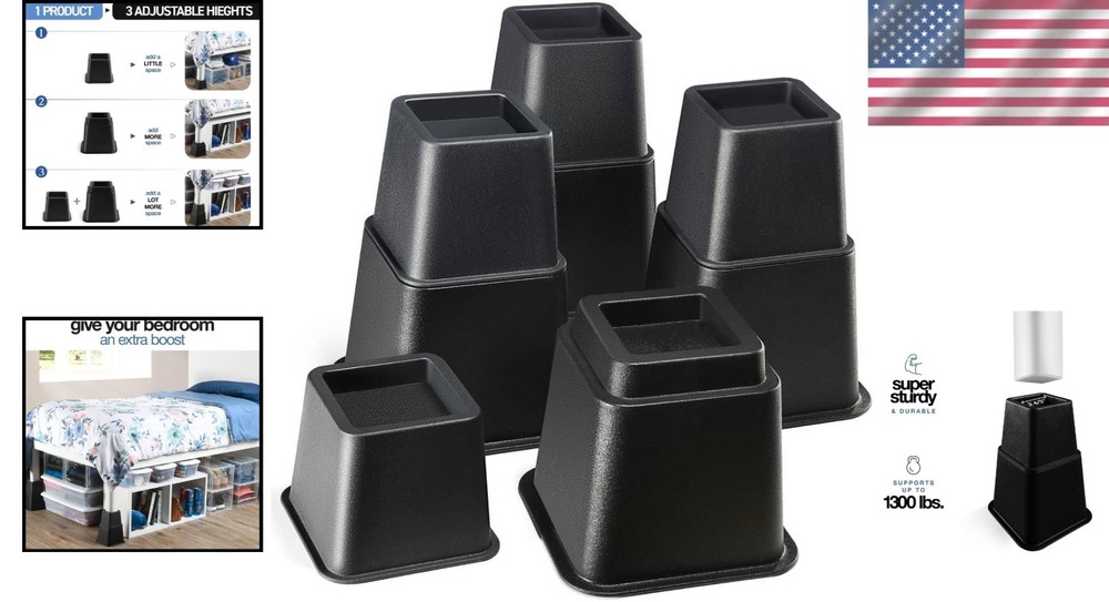 Adjustable Bed Risers Supports 1300 lbs Elevates Bed Couch Table 8 Pack