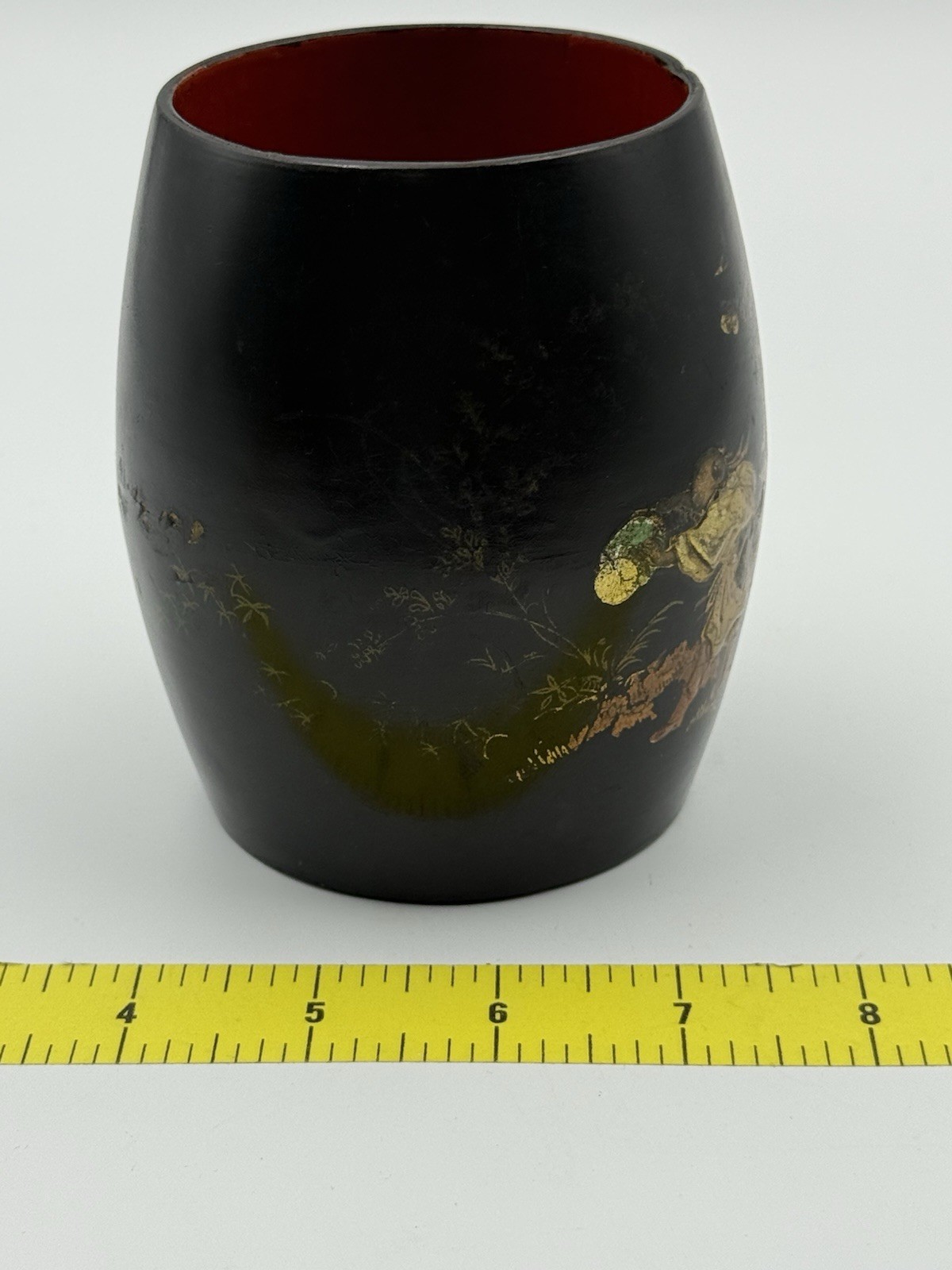 Antique Vietnamese Sơn Mài Lacquer Brush Pot • Múa Lân Lion Dance • Hand Painted