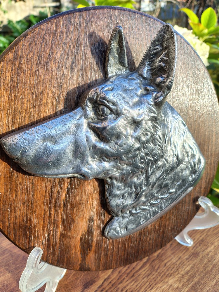 Vintage Cast Aluminium German Shepherd Profile Mounted On Beech