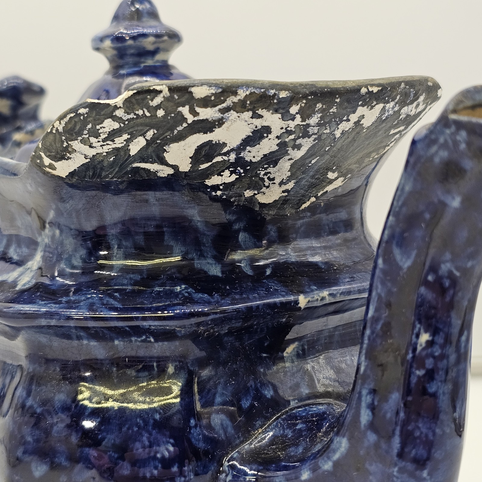 Historical Dark Blue Staffordshite Teapot Winter Sleigh Scene Circa 1825
