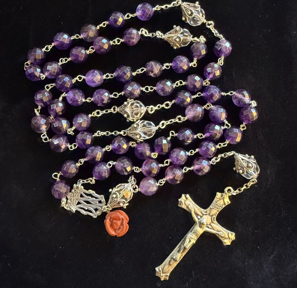 Handmade Artisan Sterling Silver Rosary Faceted Amethyst & Quartz Gemstone Beads
