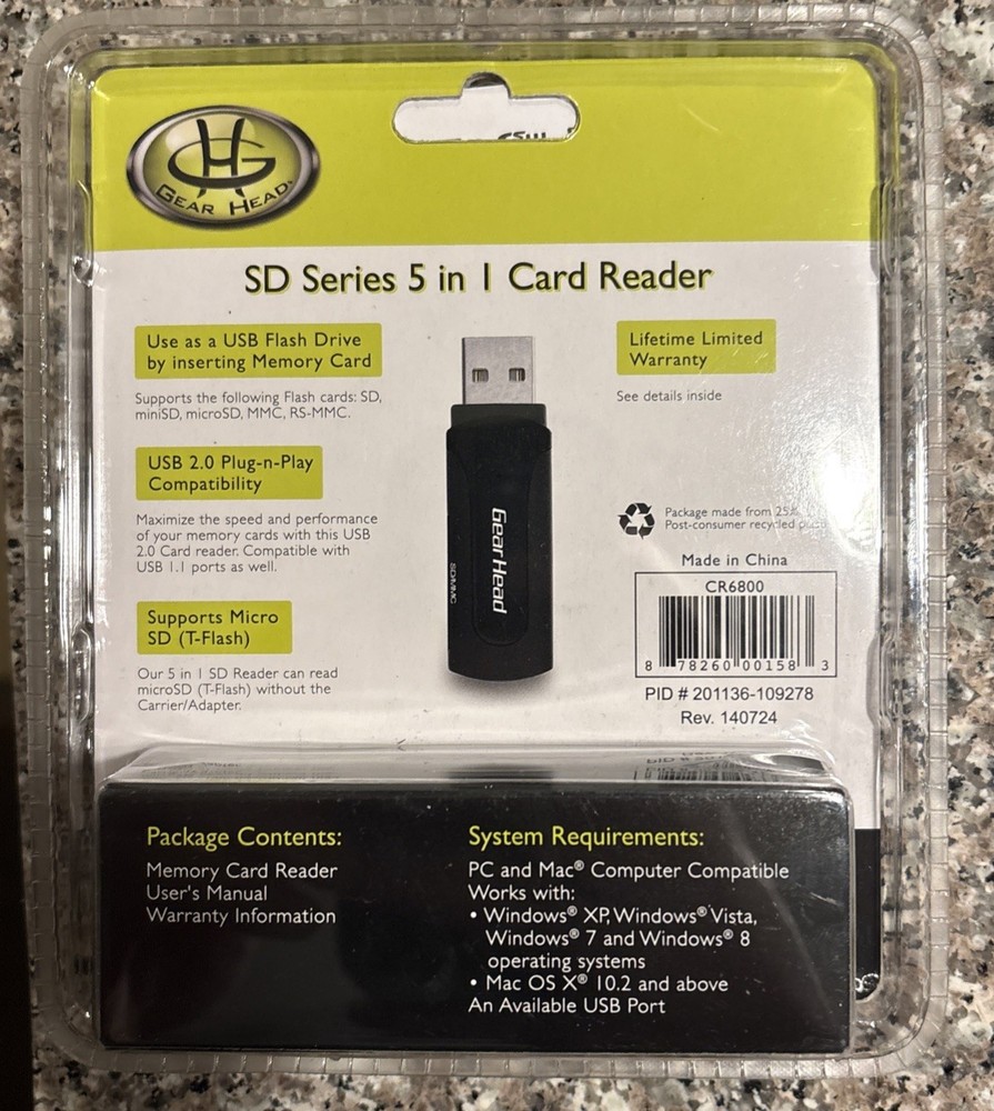 Gear Head 5 In 1 SD Card Reader USB 2.0 PC Mac USB Flash Drive MicroSD