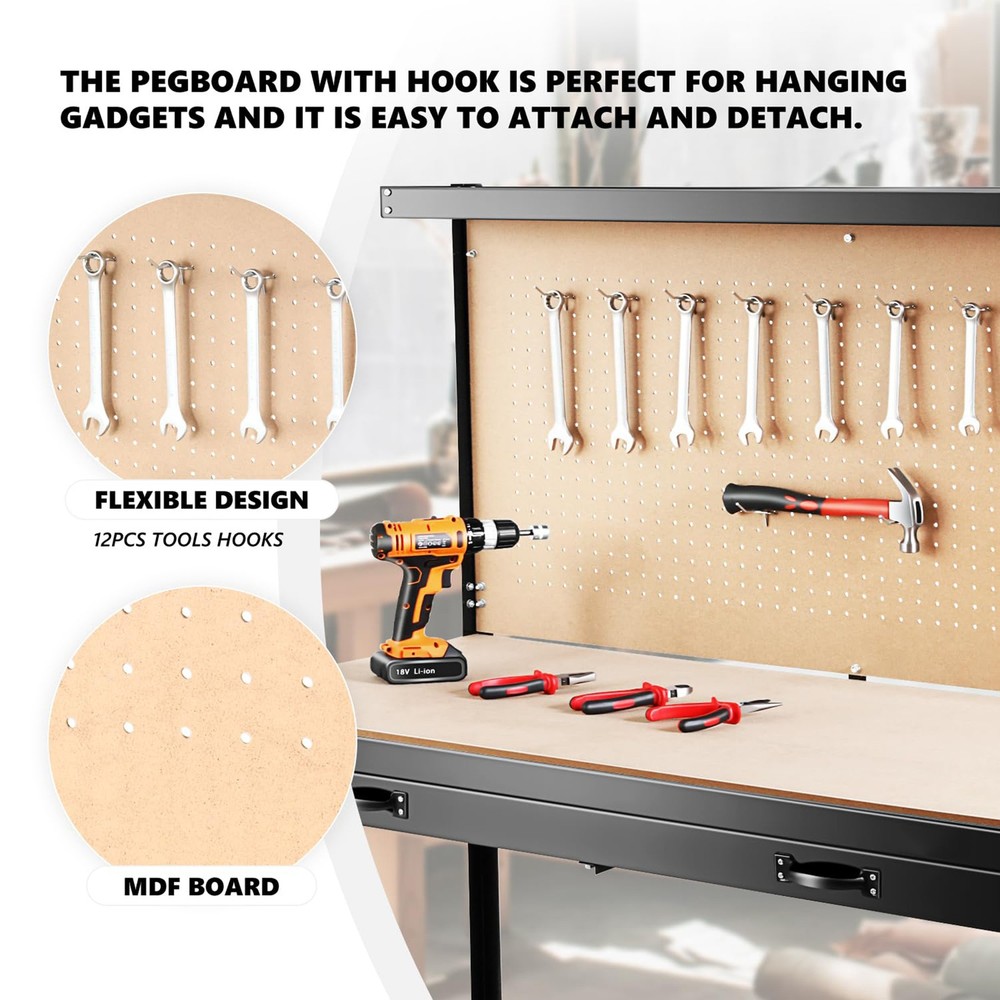 63" Durable Workbench 300lb Steel Frame MDF Top with Pegboard Storage